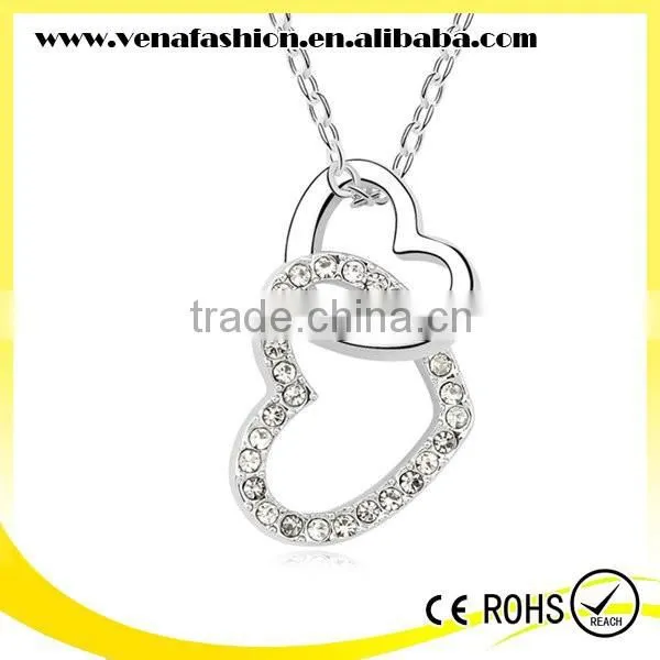 Cheap Double Heart Fake Diamond Necklaces, Synthetic Diamond Necklace