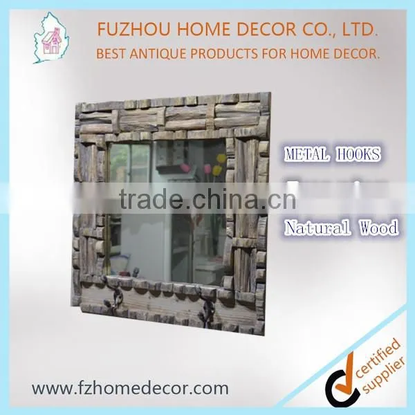 New Arrival Unique Shabby Chic Decorative Wooden Wall Mirror With Metal Hooks photo-3