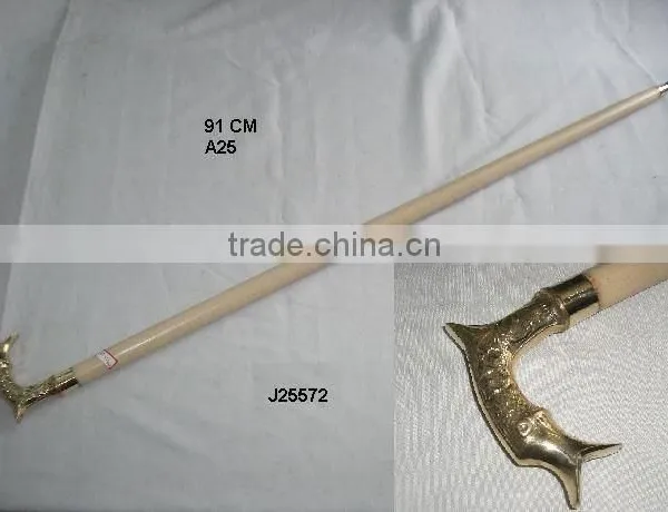 Fish Style Brass Handle Wooden Walking Stick