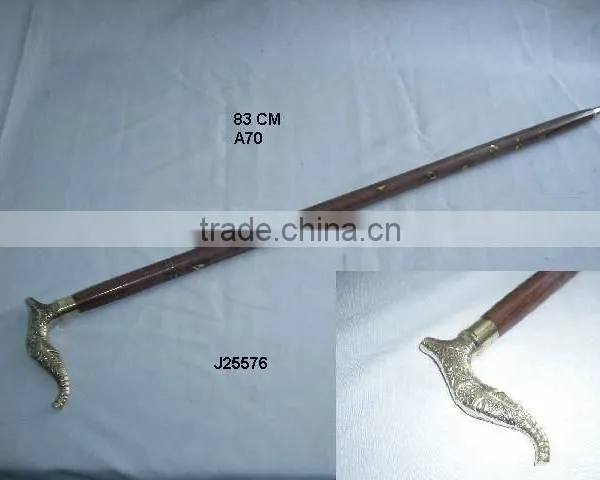 Curved Shape Brass Handle Wooden Walking Stick