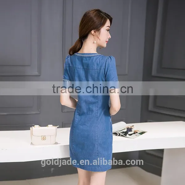 Lastest Design Oem Spring Blue V-neck Short Sleeve Denim Wash Double Shirt Ladies Dresses photo-3