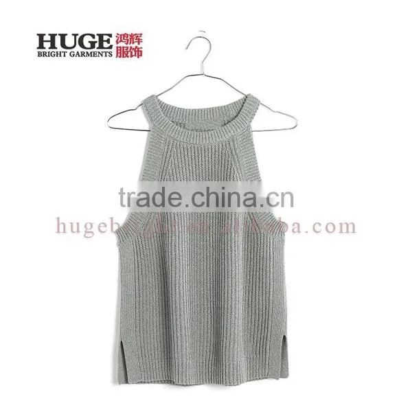 Sleek High Neck And Cutaway Shoulders Cotton Sleeveless Sweater Vest photo-3