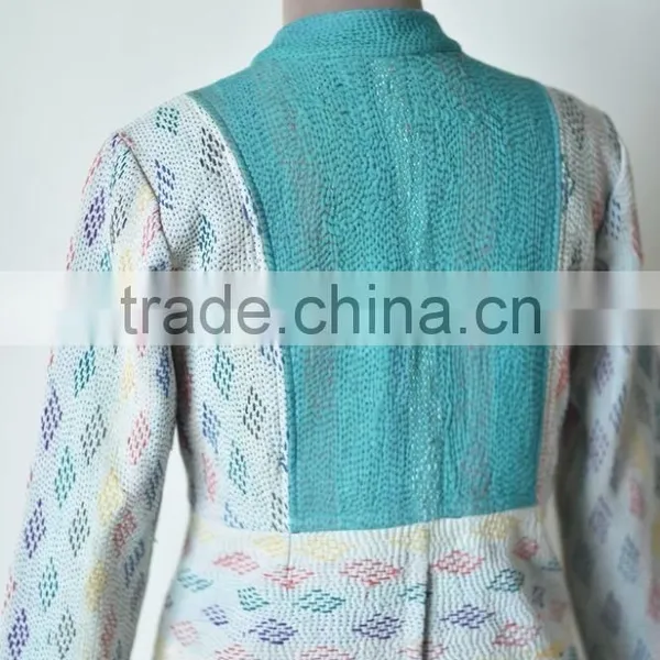 Vintage Kantha Jacket in Cream & Green Color ~ Extra Large photo-6