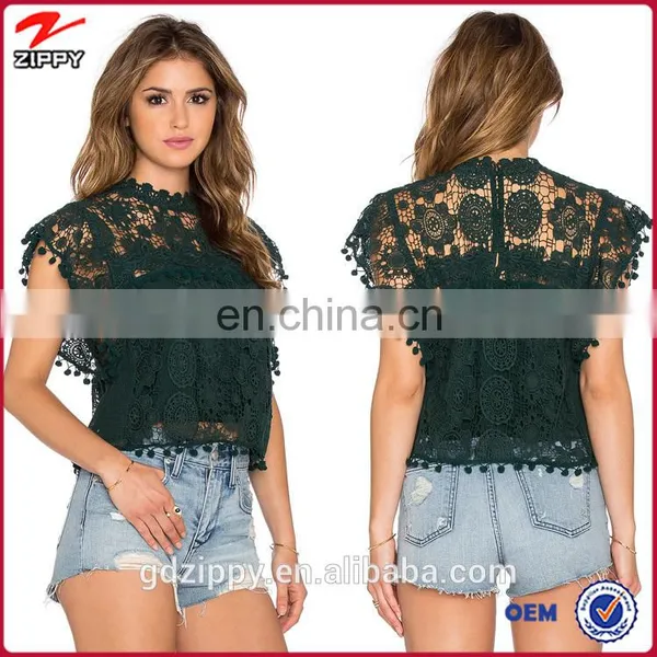 Fancy Ladies Pom Pom Trim Green Lace Top, Ladies Tops Latest Design