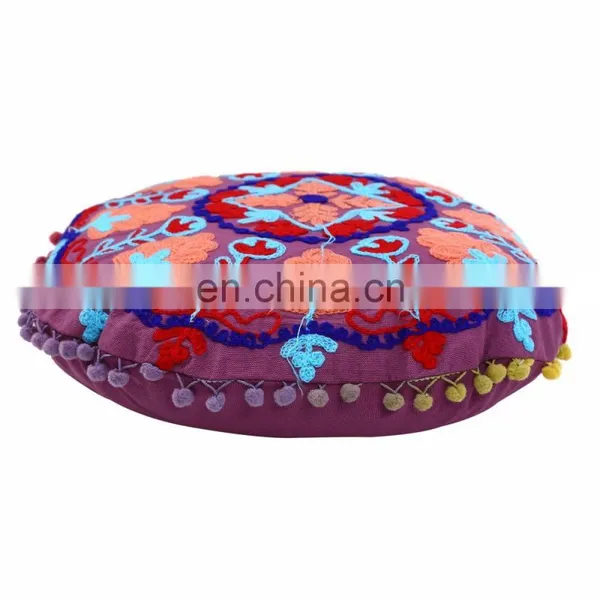 Home Decorative Suzani Embroidered Cushion Cover Uzbek Cotton Pillow Case PomPom photo-2