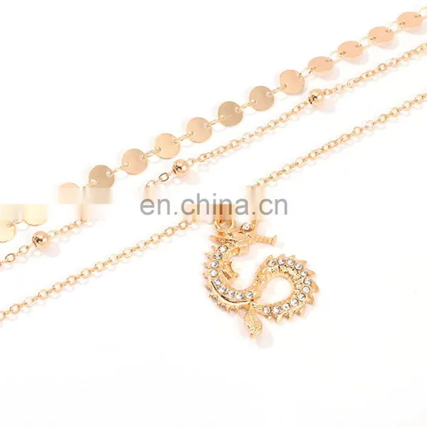 Vintage Chinese Style Zodiac, Animal Purple Crystal Rhinestone Dragon Snake Rose Coin Pendant Multilayer Necklace Earring/ photo-5