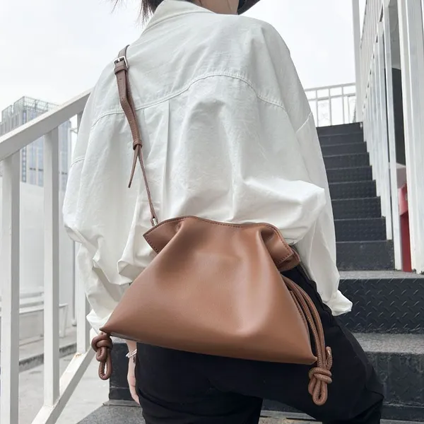 Brand Luxury Drawstring Long Shoulder Bag Crossbody Pleated Design Cowhide Lucky Bag Female Fashion Clutch Bucket Bag Roomy Bags photo-5