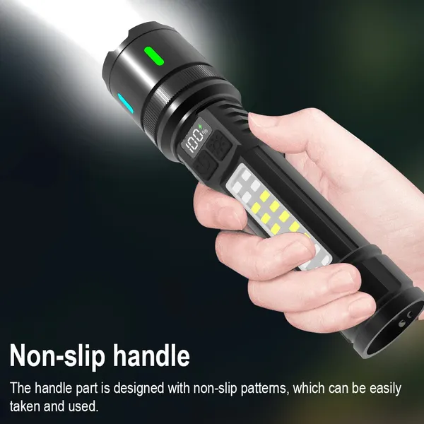 Rechargeable LED Flashlight 320LM Zoomable Torch With Side Warning Light Digital Battery Display for Outdoor Camping Emergency