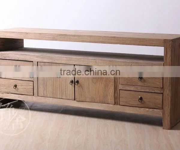 Chinese Antique Polish Industrial Metal Natural Solid Wood Sideboard Cabinet
