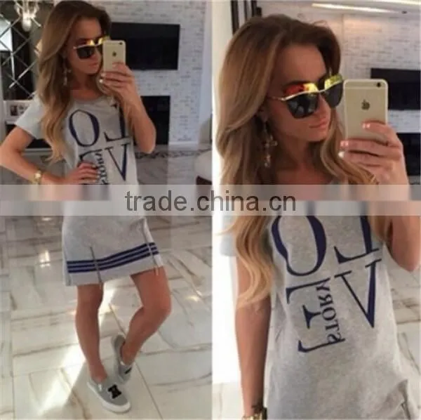1PCS M-XL Women Love Letter Print O Neck Short Sleeve Zipper Long Above Knee Straight Dress Summer Casual Dress Tops Blouse photo-2