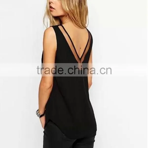 European and American Style Solid Color V-neck Blouses Stitching Gauze Halter T-shirt Tank Top Women photo-2