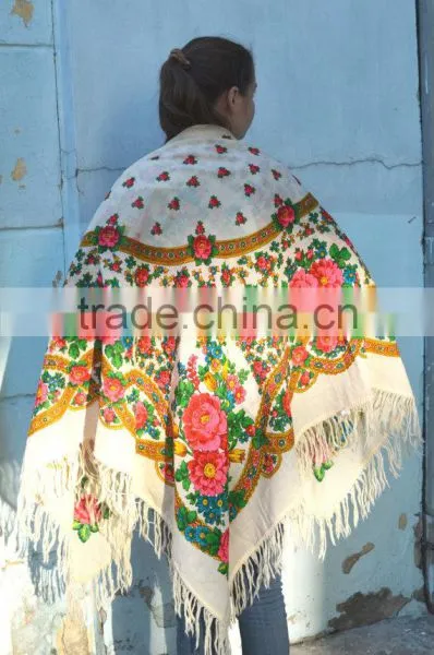 Vintage Wool Shawl, Russian Floral Scarf ,russian Shawl, Floral Scarf, Spring Shawl, Wedding Shawl, Natural White Shawl photo-5