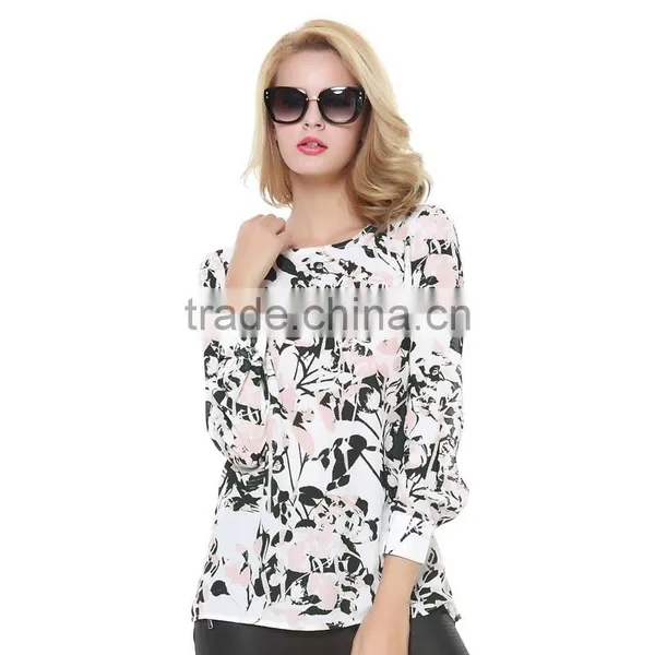 Women's Autumn New Style Back Split Ink Printing Leaves Pattern Long Sleeve Chiffon Shirt photo-2