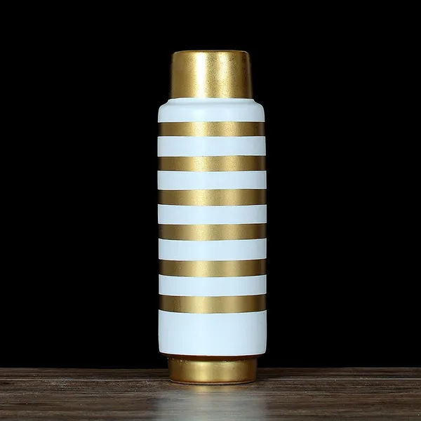 European Electroplate Gold Stripe White Jingdezhen Ceramic Vase For Showroom Decor photo-3