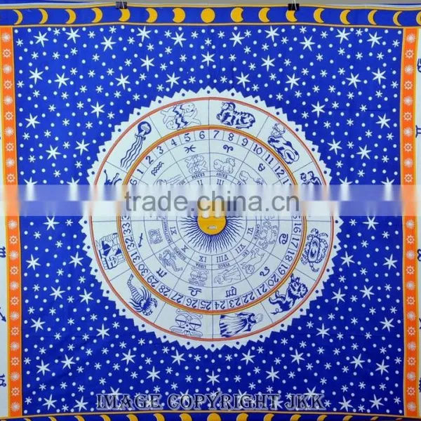 Indian Tapestry Cotton Zodiac Astro Print Blue Wall Hanging Tapestries Throw Mandala Print photo-2