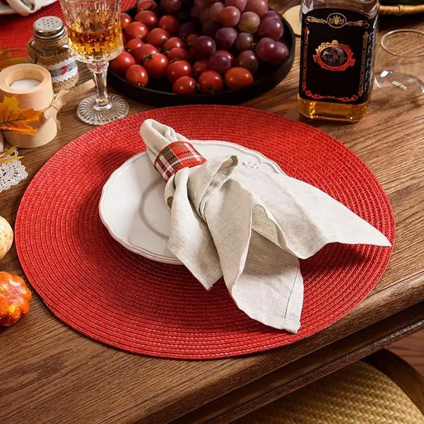 4 Pack Red Round Place Mats Pot Holders Wicker Tablemats Boho Braided Heat Resistant Mats, Plate Chargers for Table photo-5