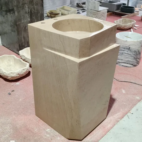 Luxurious Fashionable Limestone Marble Stone Rectangular Vessel Sink Factory Direct Free Standing Pedestal Hand Wash Basin