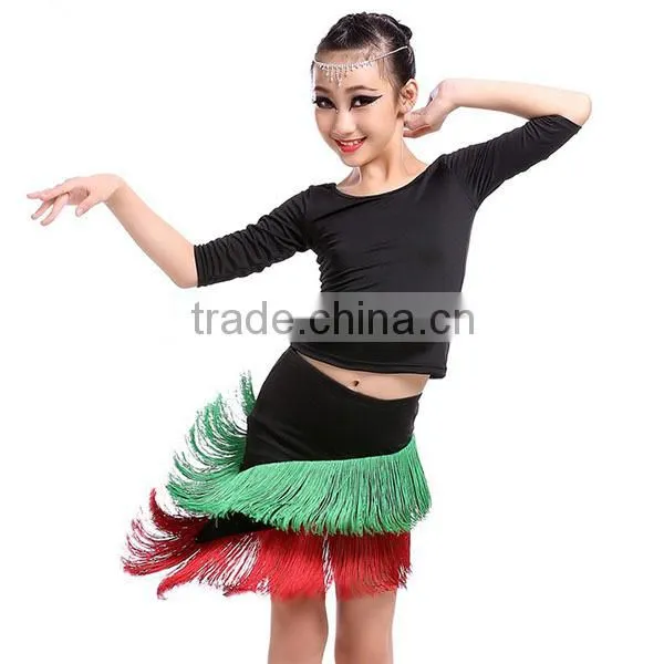 Cheap In-stock High Quality Elegant Children Latin Dance Skirt Long Sleeve + Tassel Kids Latin Dance Dress Wholesale photo-2