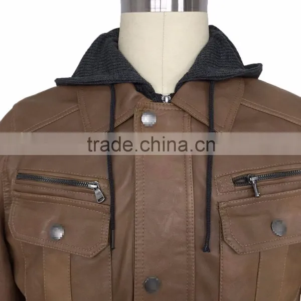 Man Wear Supplier Good Quality New Fashion Wholesale Brown PU Leather Jacket With Hood photo-4