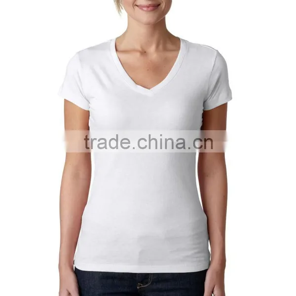 2015 New Promotional Adult Women Blank Combed Cotton Jersy Sporty V-neck T-Shirt photo-3