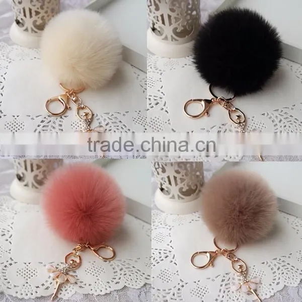 8CM Rabbit Fur Ball Keychain With Angel Gold Plated Metal Angel Key Chain photo-4