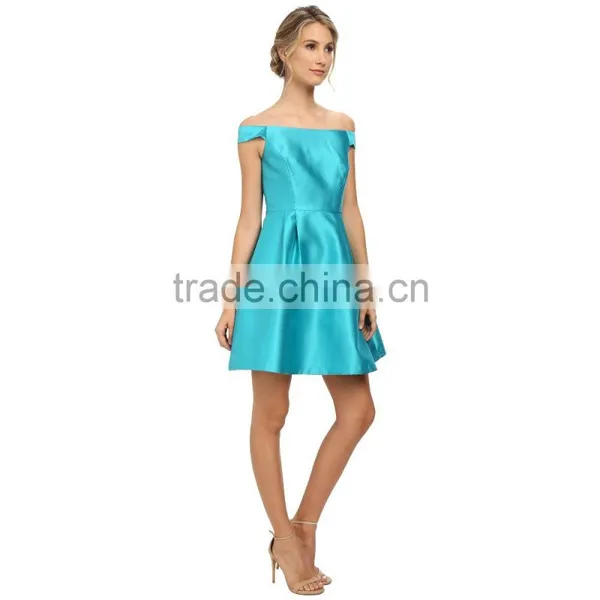 One-line Shoulder Plain Blue Short Bridesmaid Dress With Zipper photo-4