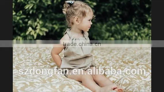 Beige Halter Girls Shorts Baby Clothes Romper Linen Baby Boutique Summer Outfit photo-3