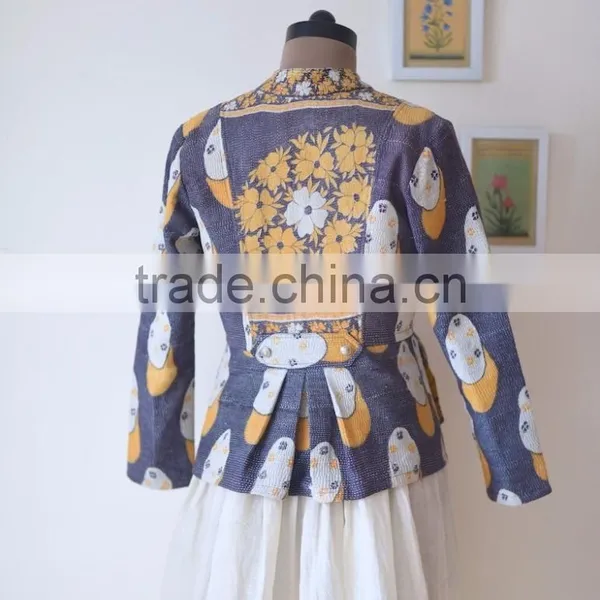 Denim Jacket in Kediyu Style With Vintage Kantha Fabric ~ Medium photo-4
