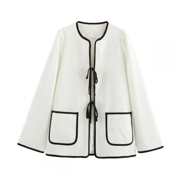cross-border round neck with patch pocket decoration, loose jacket for women