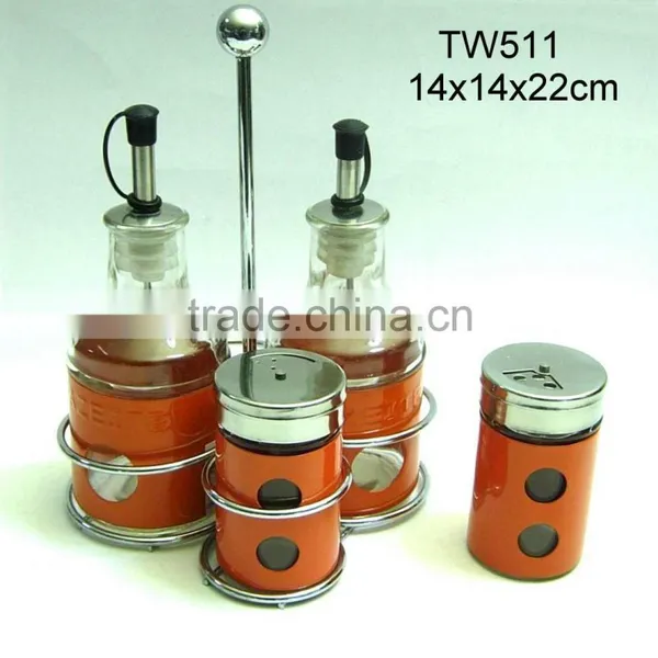 TW511 Glass Oil Vinegar Salt and Pepper Set With Metal Casing and Rack
