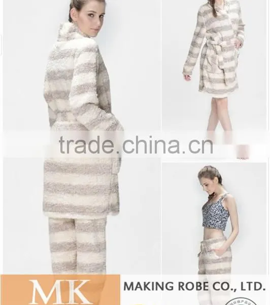 High Water Absorbency Women Fleece Stripe Robe /Bathrobe photo-6
