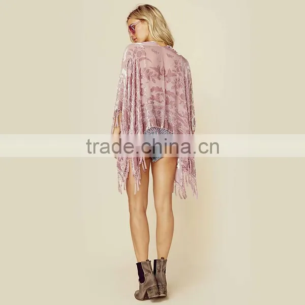 Burnout Rayon Velvet Kimono With Tassels Fringed Bohemian Gypsy Kimono photo-6