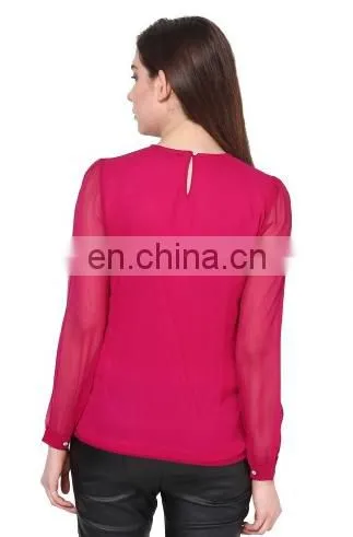 Popular Creation Latest Designer Chiffon Lace Neck Pattern Red Hot Comfortable Long Sleeve Western Beautiful Tunic Dress Top photo-3