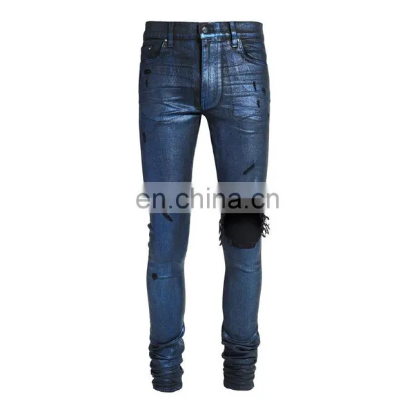 DiZNEW Fashion Purple Wax Denim Mens Ripped Hemp Jeans Men photo-2