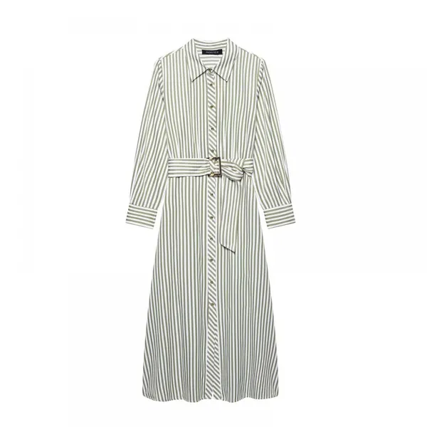 New Women's European and American Style French Fashion Dress With Waist Belt, Striped MIDI Dress photo-3