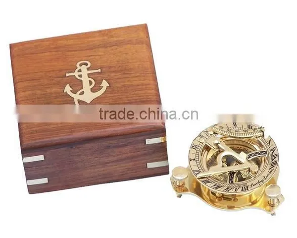 Beautiful Nautical Solid Brass Round Sundial Compass With Rosewood Box 13434 photo-2