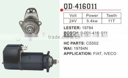 Fiat Starter Motor Lester 19784 Bosch 0-001-416-011 Woodauto STR22057 HC CS502 Wai 19784N