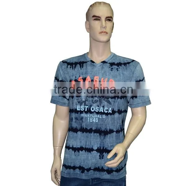 Men's T-shirt Knitted Denim Indigo Blue Tie-washed and Used Effects Embroidery and Prints