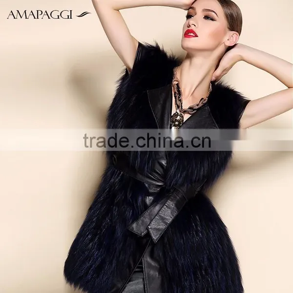 Hot Sale Dark Blue Sliver Fox Fur Vest With Leather Vest photo-2