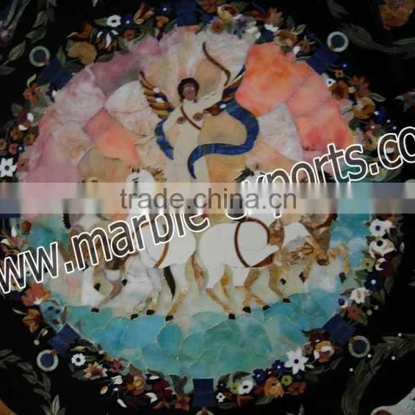 Italian Inlay Marble Dinning Table Top, Round Black Pietra Dura Table Top photo-5