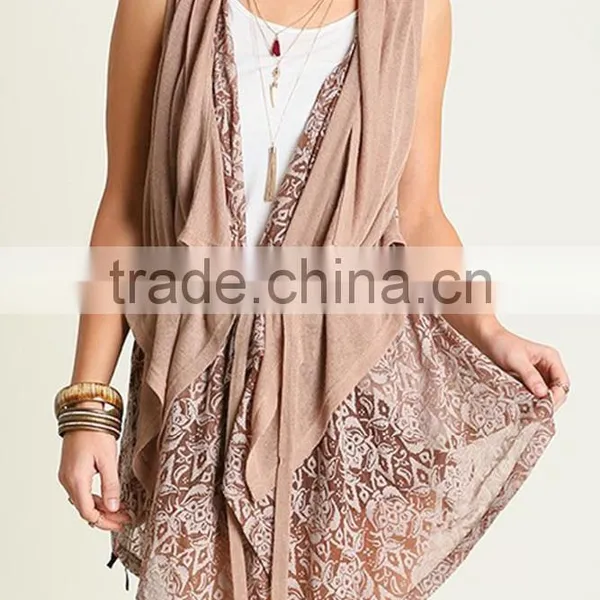 Women Lace Trim Printed Vest With Tie For Layered Outer Wear photo-2
