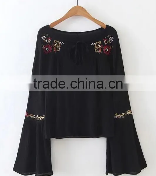 Runwaylover EY2366B Ladies Fashion Flare Sleeve Embroidery Blouse photo-3