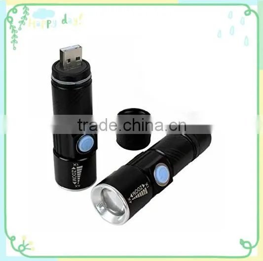 LED Zoom Aluminum Alloy Flashlight Torch Lamp 3 Modes Rechargeable USB Camping Flashlight
