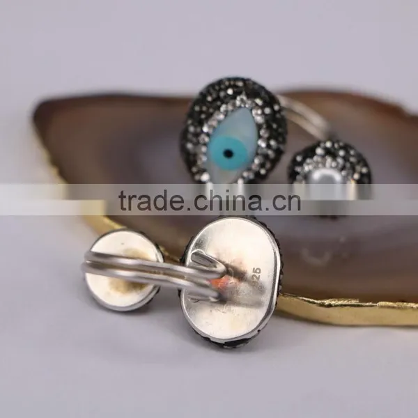 Wholesale Natural Evil Eye Shell Rings, Rhinestone Pave Pearl 925 Sterling Silver Rings in Adjustable Size photo-2