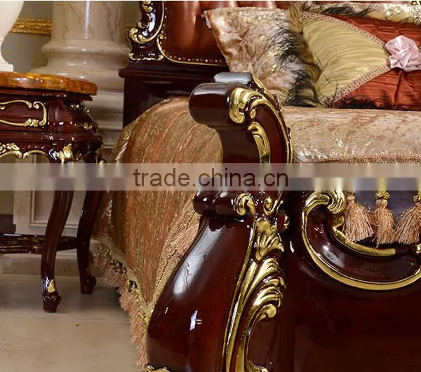 European Royal Brown Wooden Hand Carved Bed With Leather Headboard(MOQ=1 SET) photo-2