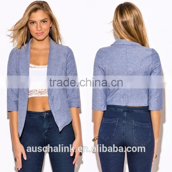 Hot Sale Blue Chambray Open Blazer for Women 2016 photo-6