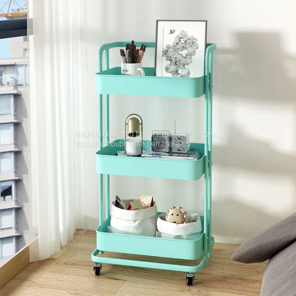 Multi-purpose 3 Tiers Hand Trolley Movable Storage Rack Metal Folding Kitchen Utility Rolling Cart With Wheels photo-2