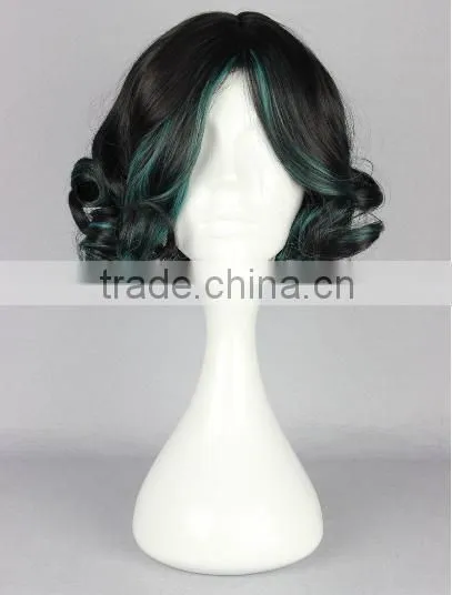 Tokyo Anime Wig Short Kinky Dark Mixed Greeb Curly Wig for Woman N436