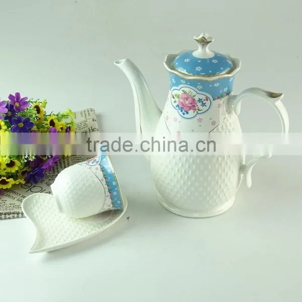 New Design Hot Sale Porcelain Teapot Coffee Pot With Decal and Embossment Line in Stock photo-2