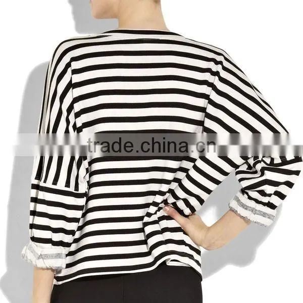 Shenzhen Winner Clothing Fashion Knitting3/4 Sleeve Black White Stipe T-shirt Manufacturer photo-4